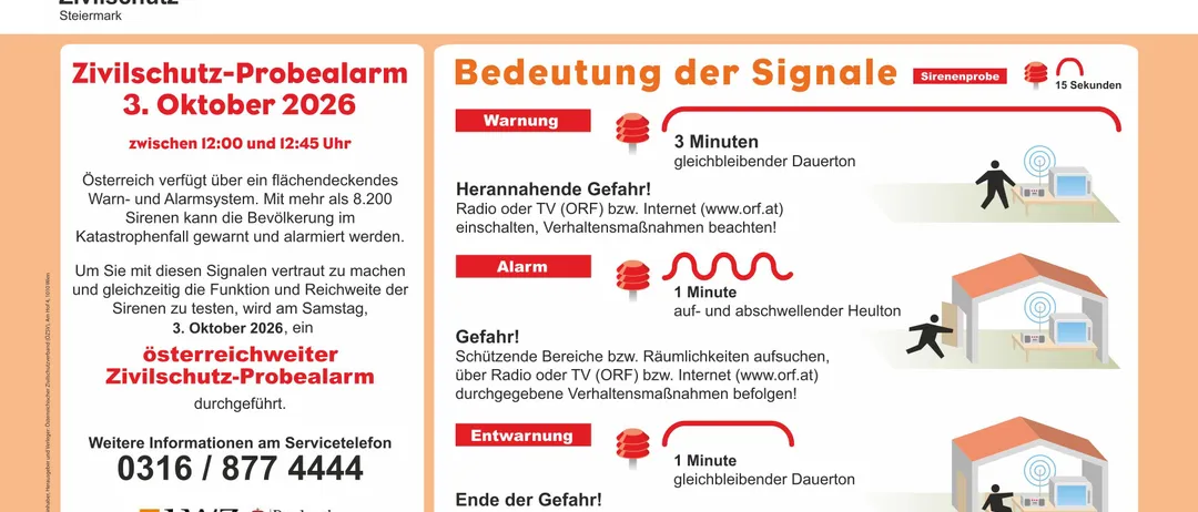 Plakat für eine Zivilschutzprobealarm im Oktober 2026, das die Bedeutung der Signale, Warnzeiten und Anweisungen für die Bevölkerung detailliert beschreibt. Das Plakat enthält einen QR-Code zum Herunterladen der ZIVA-App und einen Website-Link.