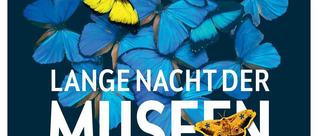 Plakat für die Lange Nacht der Museen, mit blauen Schmetterlingen und einem gelben Nachtfalter. Der Text lautet Lange Nacht der Museen und Ein Ticket Hunderte Museen. Datum: 3. Okt 26.