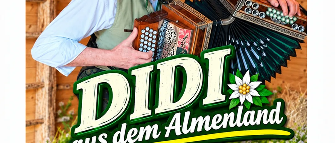 Plakat für ein Musikevent mit einem Mann, der ein Akkordeon spielt, mit dem Eventnamen 'DID aus dem Almenland' und dem Datum 1. Oktober 2026.