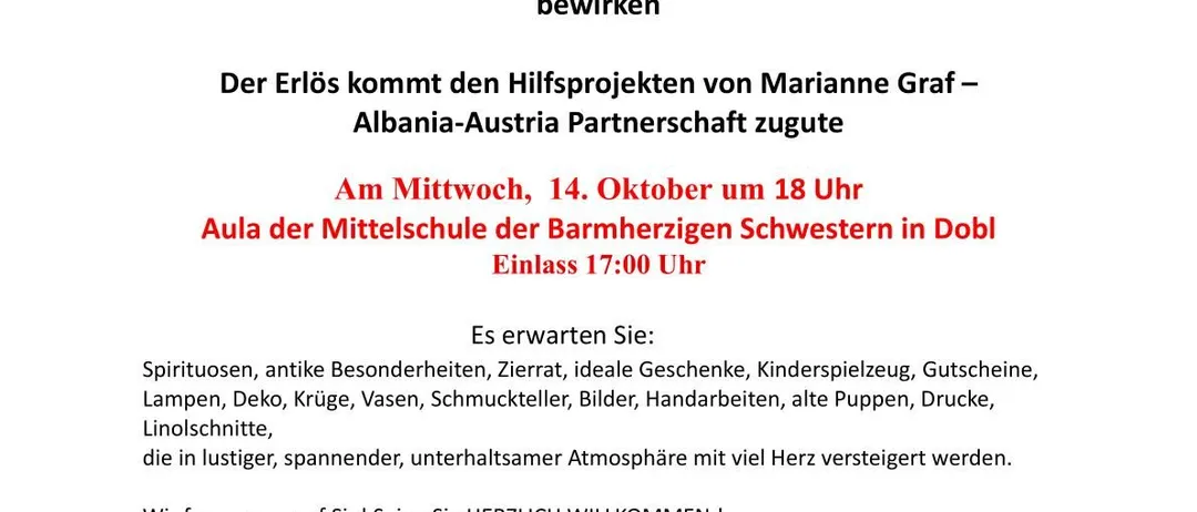 Ein Dokument mit der Überschrift 'Herzliche Einladung zur Benefiz-Versteigerung'. Es enthält Details über eine Wohltätigkeitsveranstaltung, Datum, Uhrzeit und Ort. Das Dokument listet auch zu versteigernde Gegenstände auf.