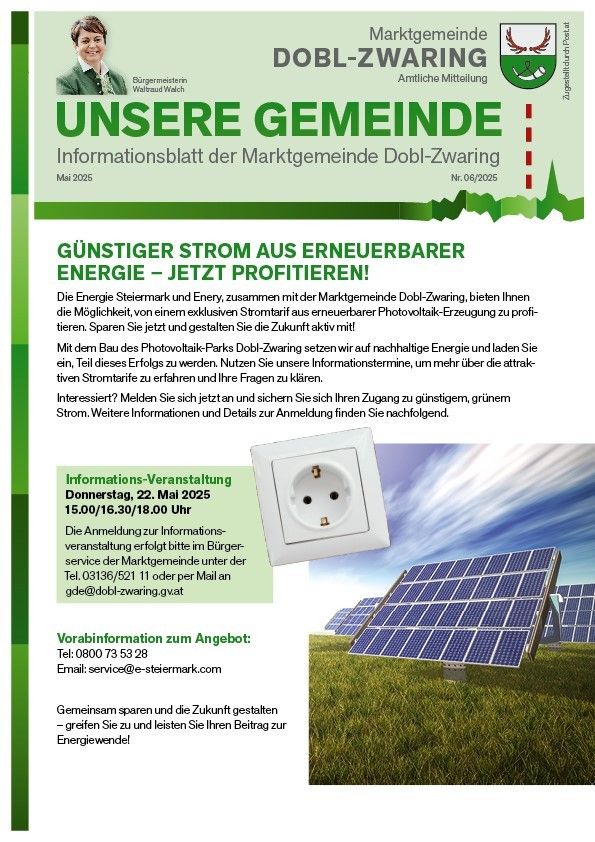 Ein Informationsposter der Marktgemeinde Dobl-Zwaring mit einem Bild einer Solaranlage. Es hebt die Möglichkeit hervor, Stromkosten durch erneuerbare Energien zu sparen. Details zu einer Informationsveranstaltung am 22. Mai 2025 werden angegeben, zusammen mit Kontaktinformationen für die Anmeldung und Fragen.