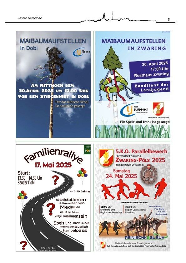Ein Plakat mit zwei Veranstaltungen, eine ist eine Baumpflanzaktion in Dobl am 30. April 2025 und die andere ist eine Parallelveranstaltung in Zwaaring am 24. Mai 2025 mit Feuerwehr und Musikauftritten.