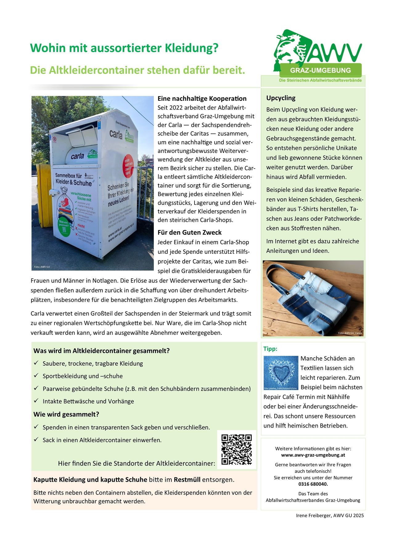 Das Bild zeigt eine Werbung für eine Kleiderrecycling-Initiative. Es enthält ein Bild eines Recycling-Containers, Informationen darüber, welche Gegenstände recycelt werden können, und Tipps zum Recycling. Die Initiative zielt darauf ab, alte Kleidung zu sammeln und für verschiedene Zwecke wiederzuverwenden.