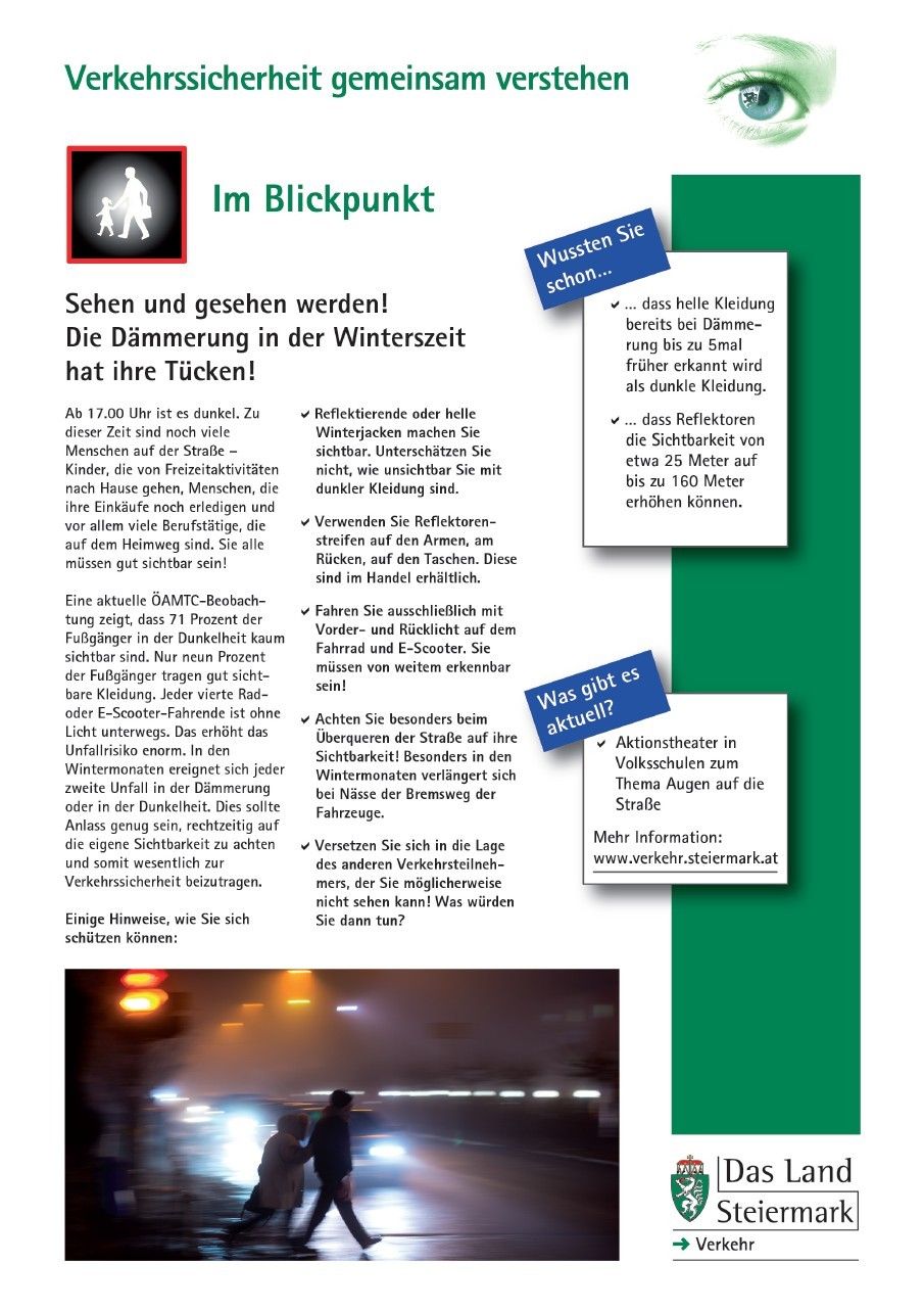 Ein Plakat mit Sicherheitstipps für Kinder und Fußgänger im Winter. Es empfiehlt das Tragen heller Kleidung, die Verwendung von Reflektoren, das Mitführen von Taschenlampen und die Vorsicht vor Fahrzeugen. Es weist auch auf das erhöhte Risiko im Winter hin und betont die Notwendigkeit des Bewusstseins. Das Plakat endet mit einer Sicherheitsfrage.