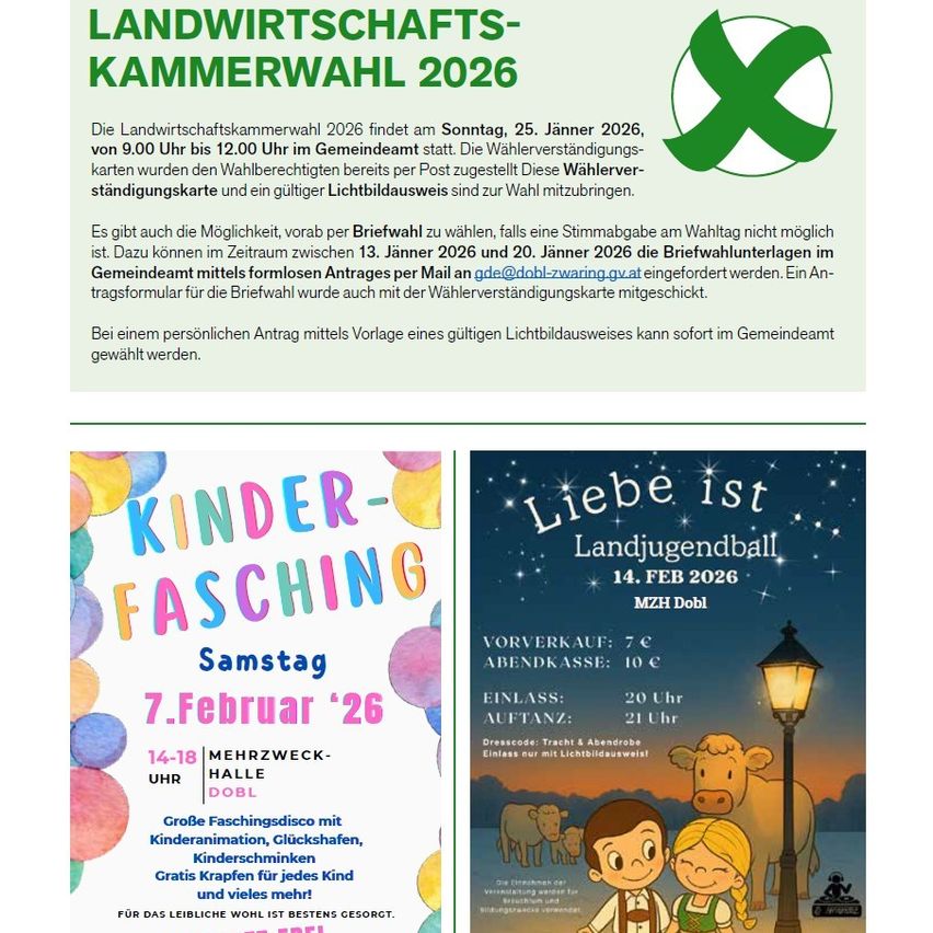 Plakat für die Landwirtschaftskammerwahl 2026 am 25. Januar 2026 von 9:00 bis 12:00. Wahlkarten und Ausweis erforderlich. Alternativ ist Briefwahl vom 13. bis 20. Januar 2026 möglich. Großer Karnevalsevent am 7. Februar 2026 mit Disco, Unterhaltung und kostenlosen Geschenken für Kinder.