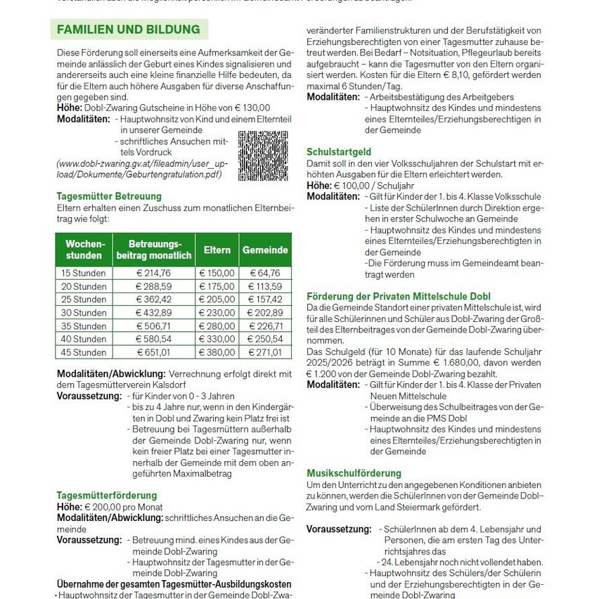 Das Dokument beschreibt finanzielle Unterstützung für Familien und Bildung in Deutschland. Es beinhaltet Bestimmungen für Kinderbetreuungszuschüsse, Bildungszuschüsse und Unterstützung für Privatschulen. Die Förderkriterien und Beträge variieren je nach Einkommen, Anzahl der Kinder und Standort.