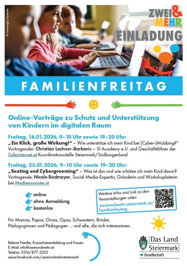 Das Bild ist eine Einladung für einen Familientag an zwei Terminen mit Online-Vorträgen zum Schutz von Kindern im digitalen Raum. Der erste Vortrag findet am 16. Januar 2026 statt, der zweite am 23. Januar 2026. Die Vorträge sind kostenlos und für alle offen.