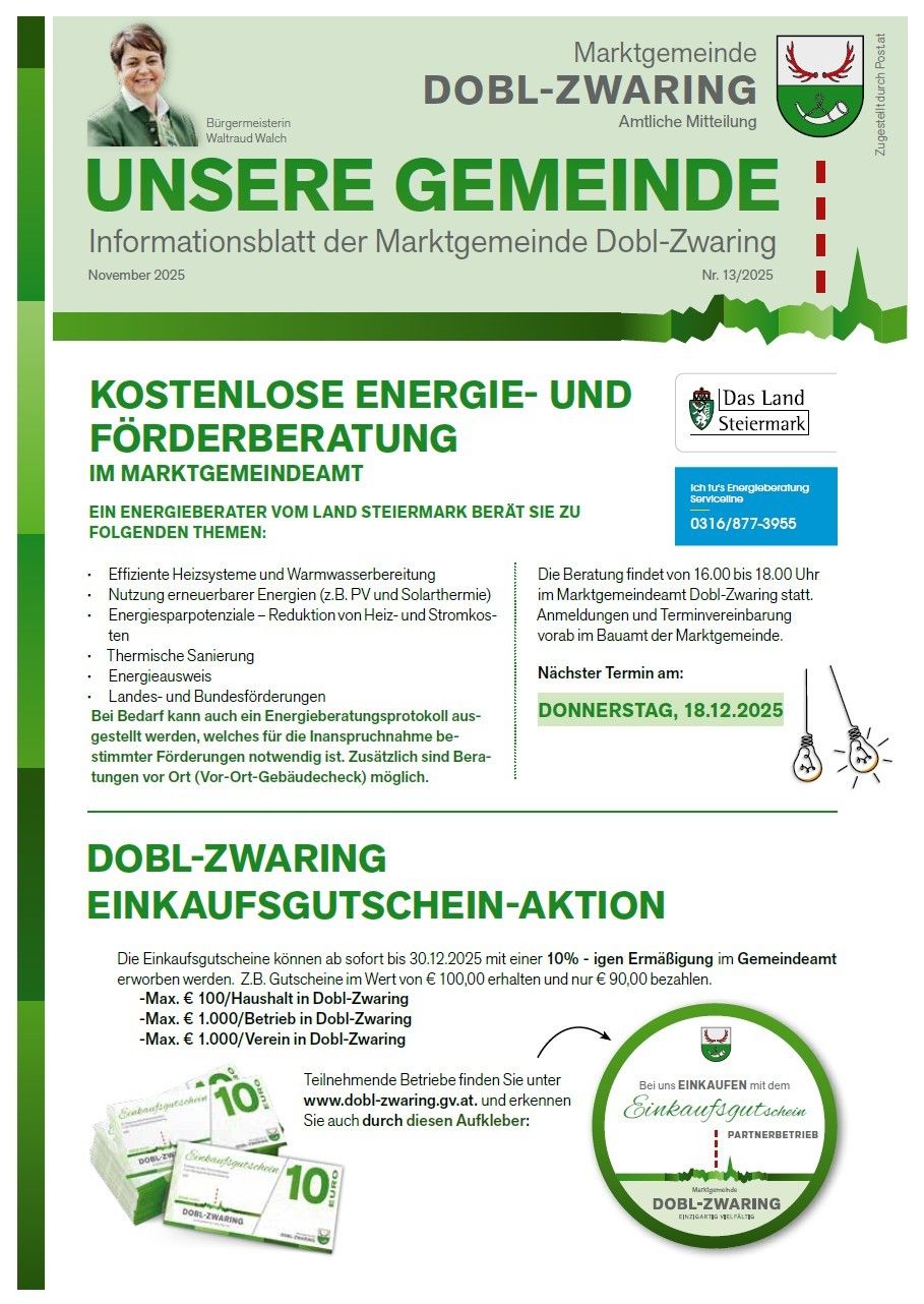 Informationsblatt der Marktgemeinde Dobl-Zwaring, November 2025, Nr. 13/2025. Kostenlose Energie- und Förderberatung vom Energieberater des Landes Steiermark, mit Themen wie effiziente Heizsysteme, Energieeinsparungen, Wärmeisolierung und staatliche Förderungen. Die Beratung findet am Donnerstag, 18.12.2025, im Marktplatz Dobl-Zwaring statt.