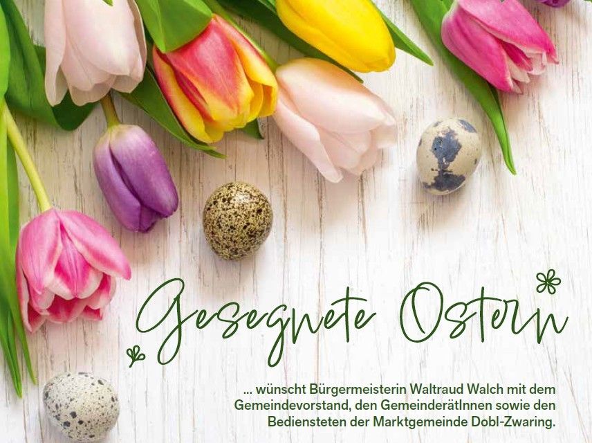 A white wooden surface displays multicolored tulips and three eggs, with a green text overlay reading 'Gesegnete Ostern'. The eggs are speckled in various colors. The image also includes a floral watermark in the bottom right.