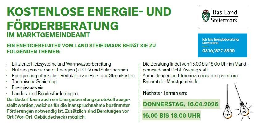 The image announces a free energy consultation service by the State of Styria. It includes topics like efficient heating systems and solar energy, energy savings, and thermal renovations. The consultation is scheduled for April 16, 2026, from 4:00 PM to 6:00 PM.
