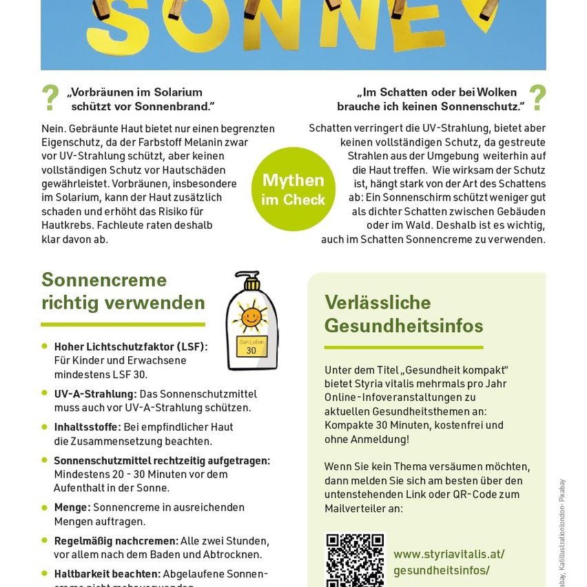 The image provides sun safety tips. It debunks myths about sun protection and offers advice on using sunscreen. It highlights the importance of shade and sunscreen, even in shade, and provides information on sun protection factor (SPF), UV protection, and application guidelines.