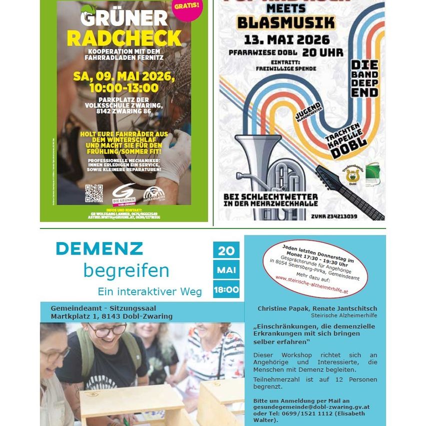 An event poster for a bicycle check-up and music performance. Bicycle check-up on May 9, 2026, 10:00-13:00, free admission. Music performance by Deep End on May 13, 2026, at 20:00, free admission.