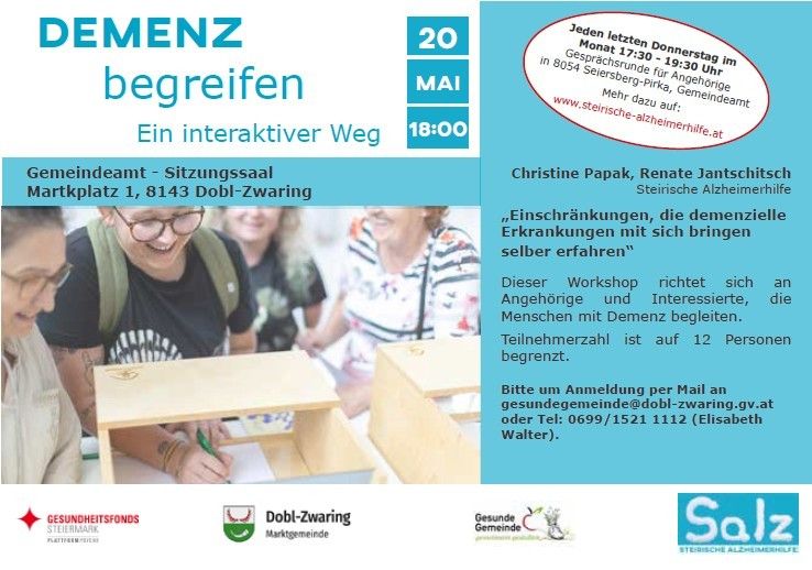 Workshop for caregivers on dementia in Dobl-Zwaring on May 20th at 18:00. Christine Papak and Renate Jantschitsch will lead the workshop at the community center. Limited to 12 participants. Register via email or phone.