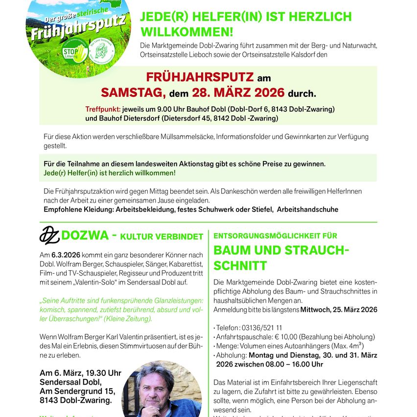 Ein Bild bewirbt eine Frühjahrsputzaktion am 28. März 2026 mit zwei Standorten, Dobl und Dietersdorf. Es enthält einen Zitat von Filmemacher Wolfram Berger, der anwesend sein wird. Die Teilnahme erfordert angemessene Kleidung, und die Teilnehmer werden mit Erfrischungen bedankt.