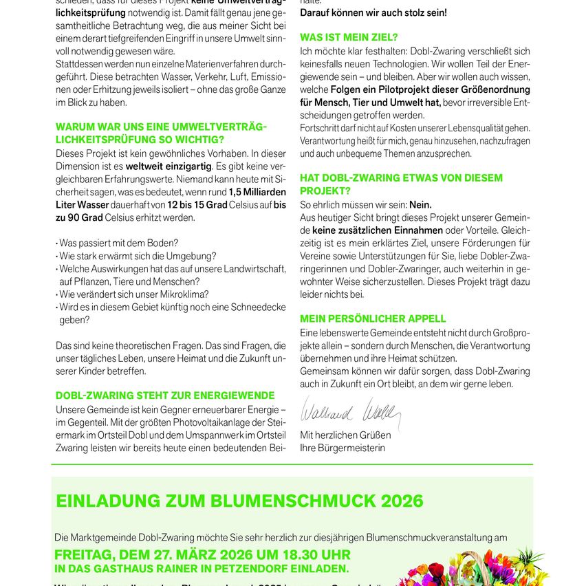 Das Dokument betont die Bedeutung von Umweltverträgen und die Notwendigkeit nachhaltiger Praktiken. Es hebt die möglichen Auswirkungen unbehandelten Abwassers hervor, einschließlich Bodendegradation und Klimawandel. Das Dokument lädt die Gemeinschaft zu einem Blumenfest im Jahr 2026 ein und fördert Umweltbewusstsein.
