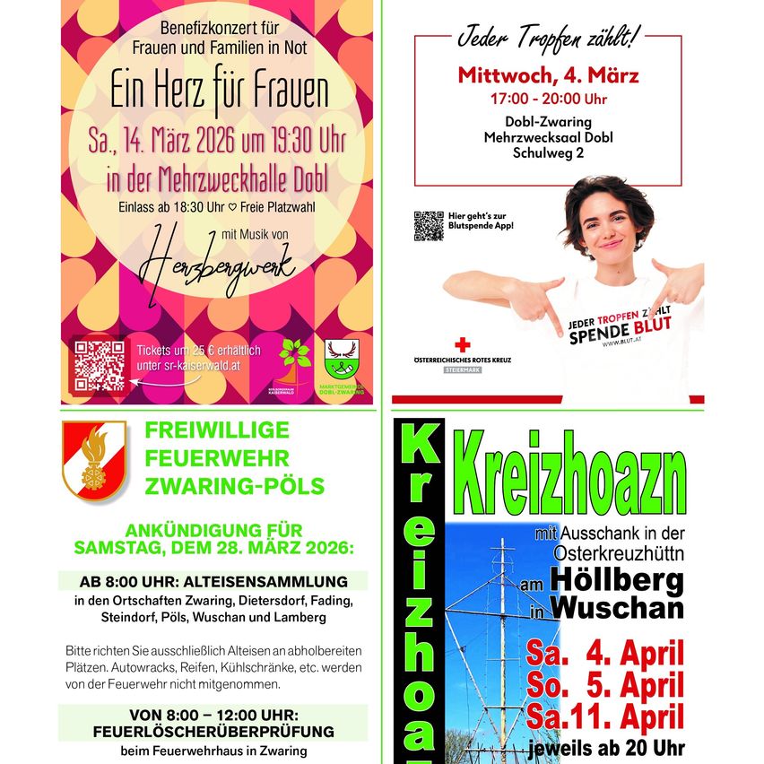 Poster für ein Benefizkonzert für Frauen und eine Überprüfung der Feuerwehrausrüstung. Das erste Poster ist rosa und weiß mit Veranstaltungsdetails. Das zweite Poster ist grün und weiß mit Datum und Uhrzeit für die Überprüfung der Feuerwehrausrüstung.