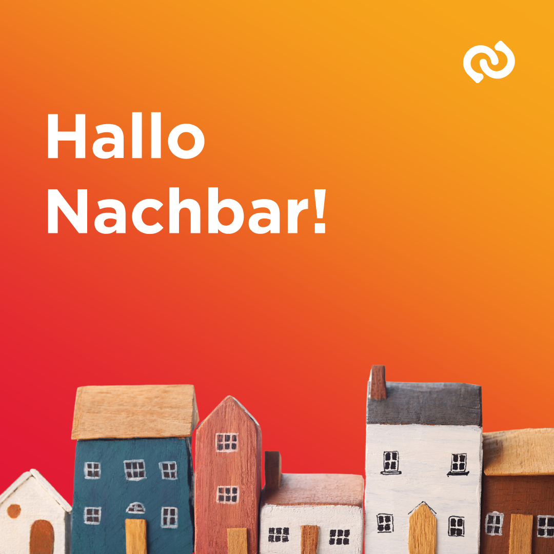 The image displays a friendly greeting, 'Hello Neighbor!', in bold letters over a warm orange and red gradient. Below the text are wooden house figurines of different colors and styles, arranged in a row.