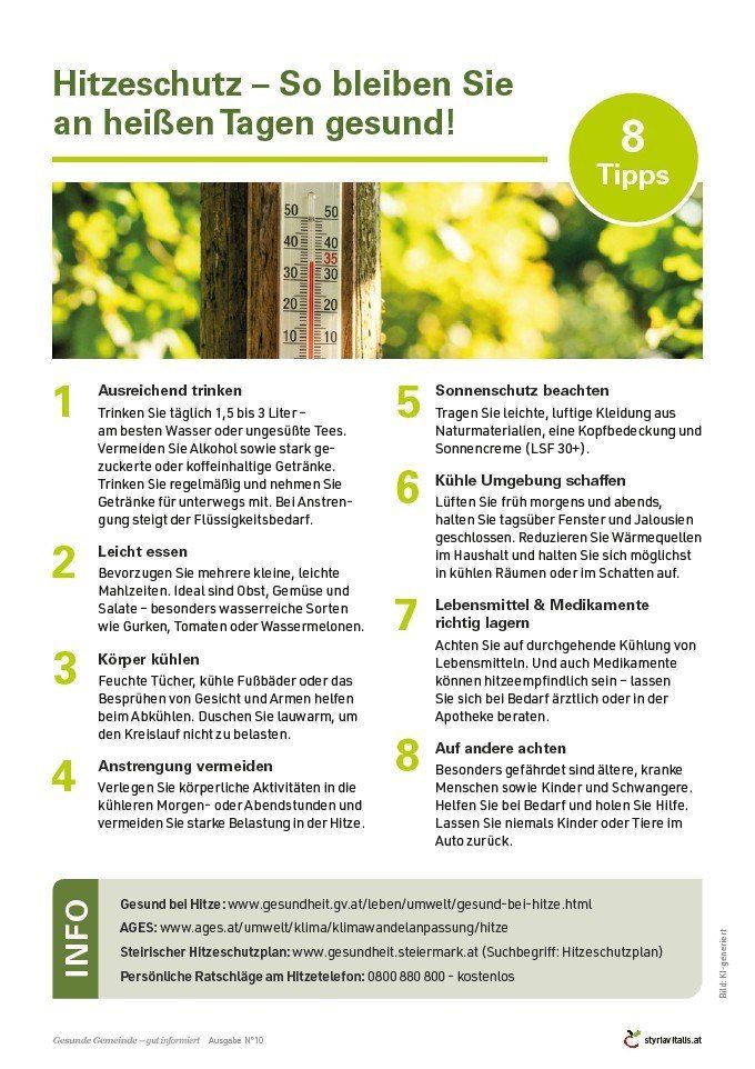 Infografik mit acht Tipps zur Gesundheit bei heißem Wetter. Tipps umfassen ausreichendes Trinken, leichte Kleidung tragen und Vermeidung anstrengender Aktivitäten. Das Bild zeigt ein Thermometer und ein Sonnensymbol.