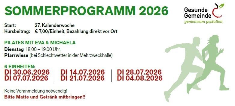 Plakat für ein Sommerprogramm 2026 mit Pilates-Kursen von Eva und Michaela. Die Kurse sind an bestimmten Juli- und Augustdaten geplant. Das Plakat zeigt eine Silhouette von zwei Läufern, ein grünes Apfellogo und eine Aufforderung, Matten und Getränke mitzubringen.