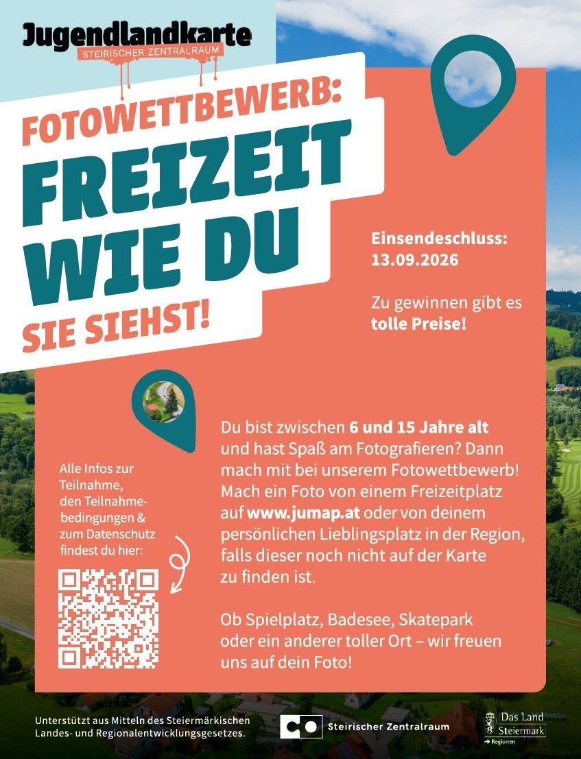 Plakat für einen Fotowettbewerb für Kinder im Alter von 6 bis 15 Jahren, die ermutigt werden, Fotos ihrer Lieblingsfreizeitorte zu machen. Der Einsendeschluss ist der 13. September 2026, und es gibt tolle Preise zu gewinnen. Das Plakat zeigt einen landschaftlichen Hintergrund mit einem QR-Code für weitere Informationen.