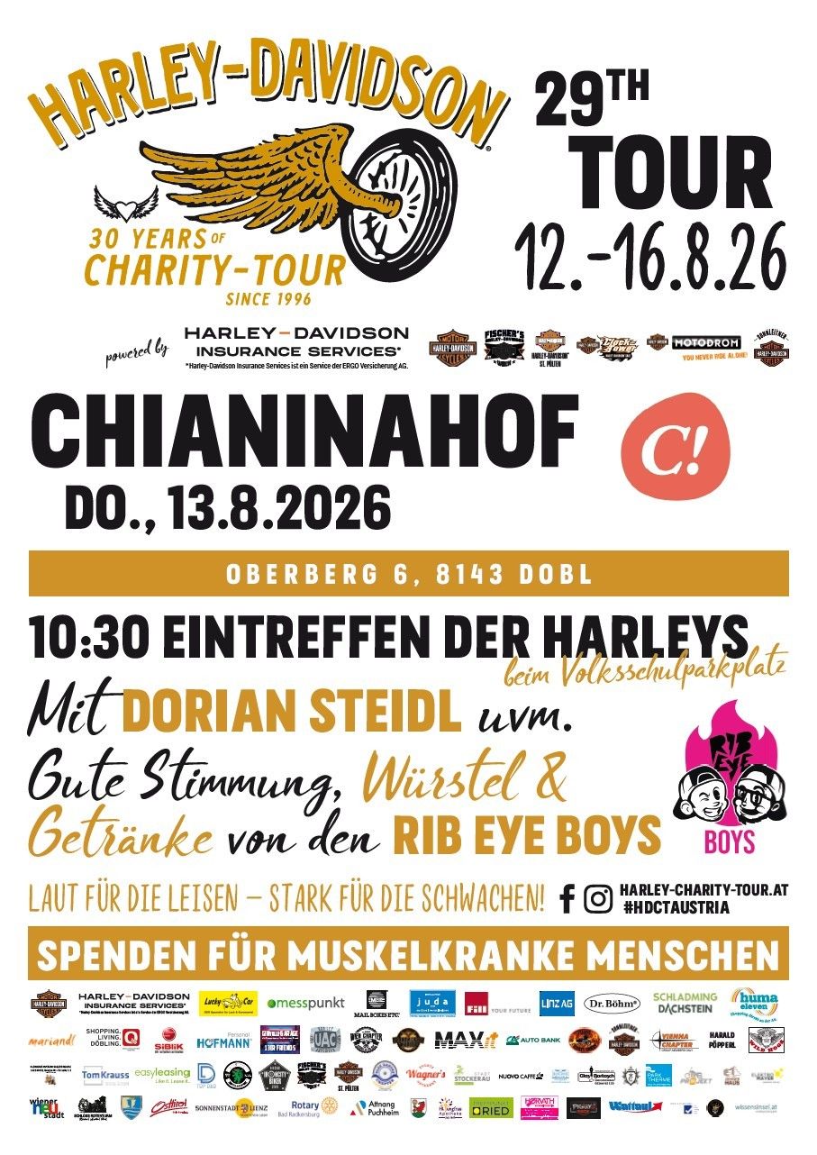 Plakat für die Harley-Davidson Wohltätigkeitstour, mit einem Motorrad und Veranstaltungsdetails. Datum: 13. August 2026. Ort: Oberberg 6, 8143 Dobl. Zeit: 10:30 Uhr. Veranstaltet von Dorian Steidl. Beinhaltet Musik, Getränke und Unterstützung für muskelkranke Menschen.