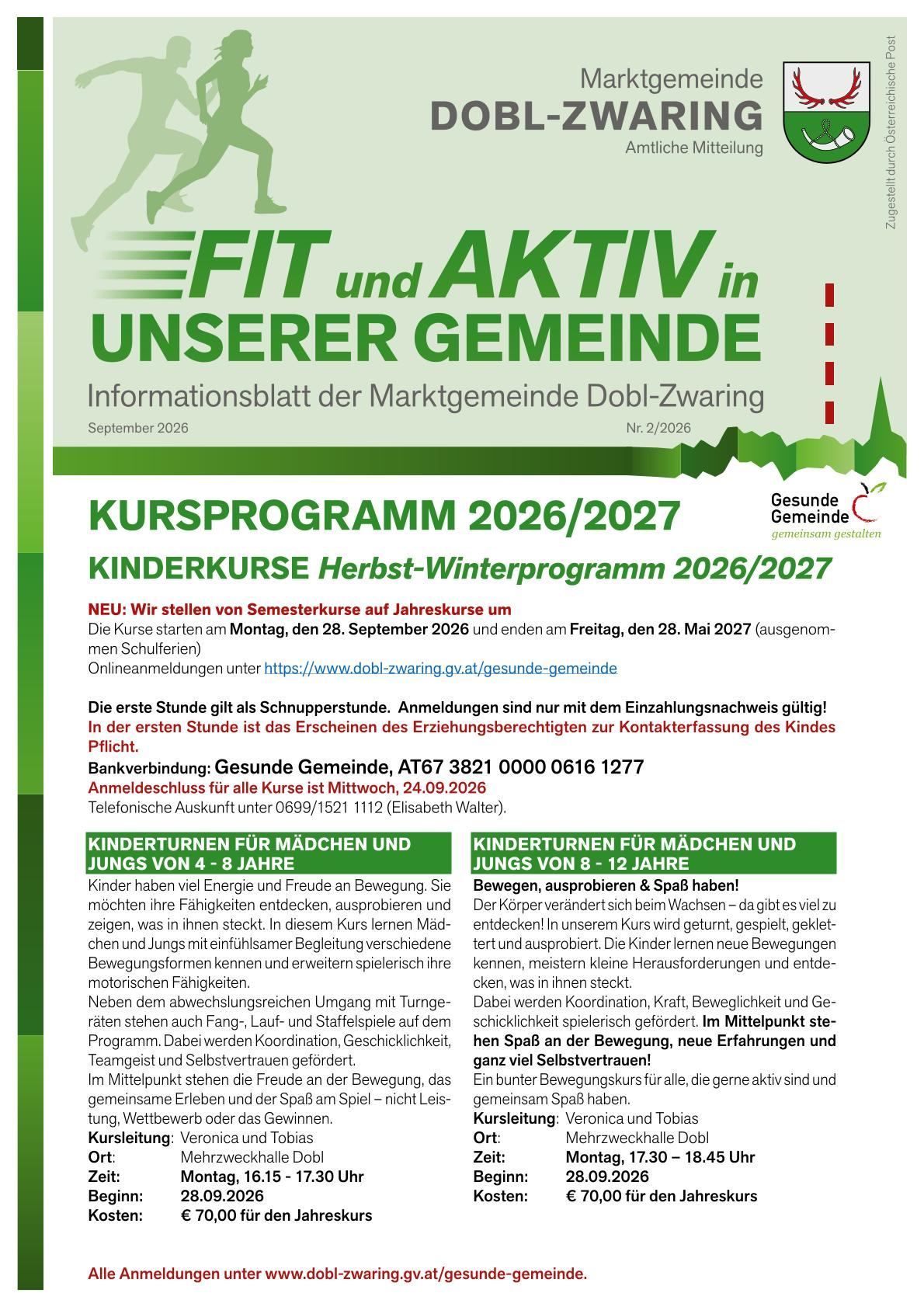 Poster for the 'FIT und AKTIV in UNSERER GEMEINDE' program, featuring a flyer for the 2026/2027 children's course, with details about the course schedule, registration, and contact information. The flyer is in German.