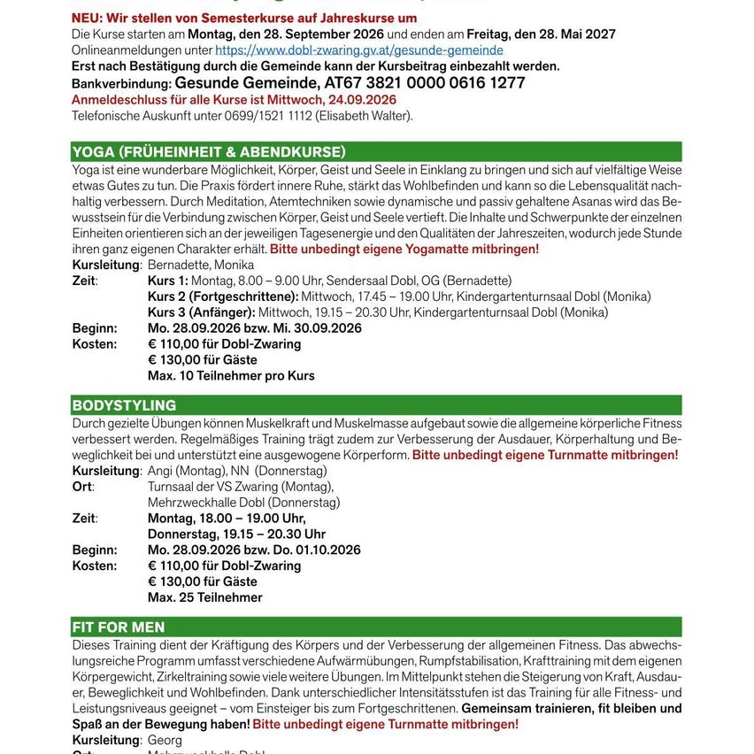 A flyer with details about various fitness courses including yoga, bodystyling, and fit for men. It includes course dates, times, locations, and costs. The flyer is well-organized with clear headings and bullet points.