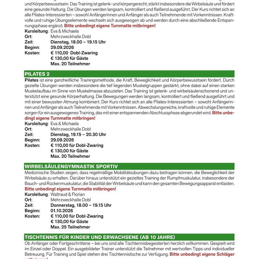 A document with details about various fitness classes including Pilates, Pilates 2, Wirbelsäulengymnastik Sportiv, and Tischtennis for children and adults.