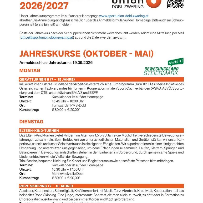 The image shows a flyer for a sports program with dates, activities, and registration details for different age groups.