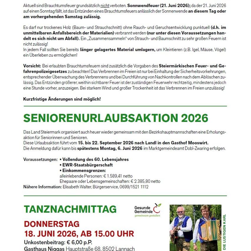 Der Flyer informiert über die Seniorenurlaubsaktion 2026, eine von den Bezirkshauptmannschaften organisierte Ferienveranstaltung für Senioren. Sie findet vom 15. bis 22. September 2026 im Gasthof Mooswirt statt. Er erwähnt auch einen Tanznachmittag am Donnerstag, 18. Juni 2026, ab 15 Uhr.