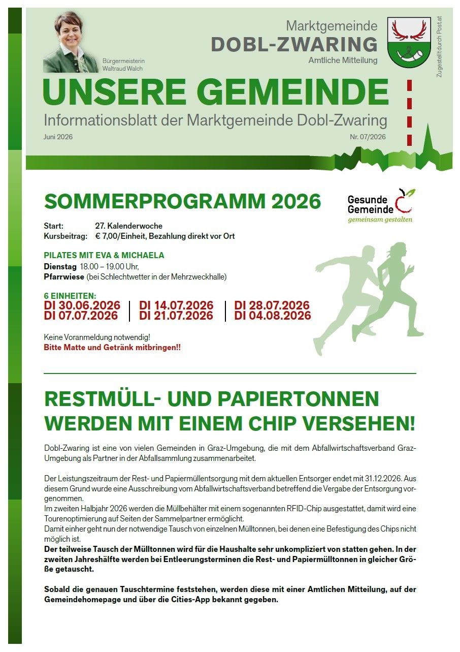 Dobl-Zwaring ist eine von vielen Gemeinden in Graz-Umgebung, die mit dem Abfallwirtschaftsverband zusammenarbeitet. Die aktuelle Entsorgungsfrist endet am 31.12.2026. Die Entsorgung wird für die Abfallpartner optimiert.