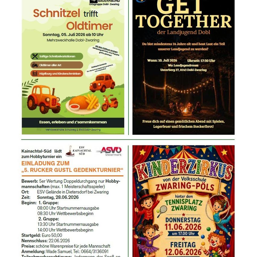 Veranstaltungsplakat für Oldtimer Schnitzeltreff am 5. Juli 2026 mit alten Traktoren, Essen und Aktivitäten für Kinder. Veranstaltungsplakat für 'Get Together' am 10. Juli 2026, das Jugendliche einlädt, dem örtlichen Jugendclub beizutreten.