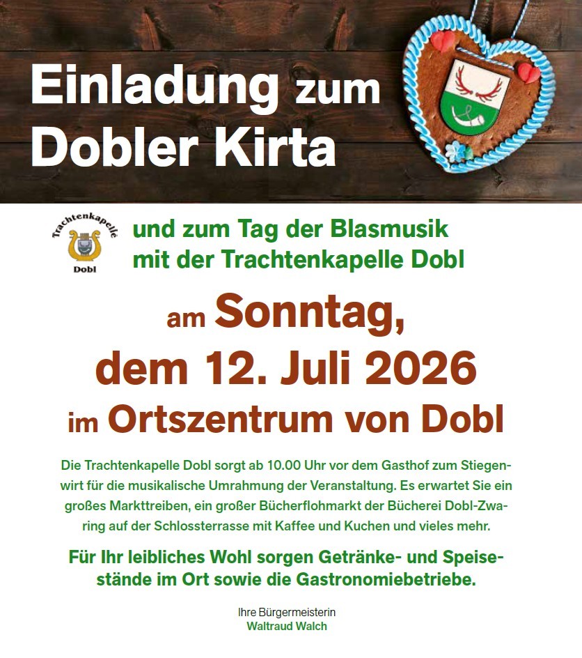 Dobl Kirta und Blasmusik mit Trachtenkapelle Dobl am 12. Juli 2026 im Ortszentrum