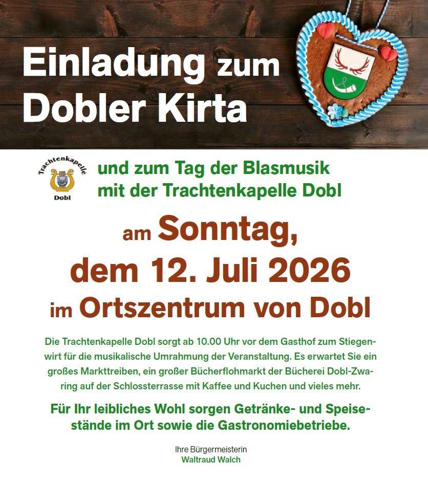 Poster for the Dobler Kirta event on July 12, 2026, featuring a heart-shaped cookie with the Dobl coat of arms. The event includes a large market, a book fair, and refreshments.