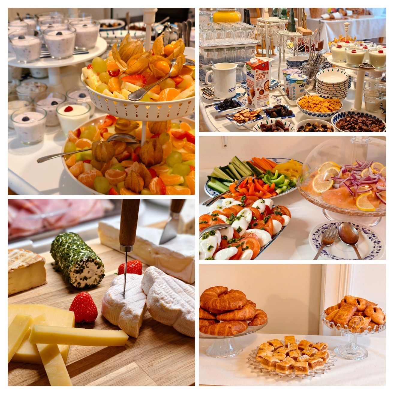 Ein Collage von Frühstücksgerichten umfasst Obst, Gemüse, Käse und Gebäck. Es gibt eine Vielfalt an Speisen auf dem Display, einschließlich eines Obsttellers, eines Käsebretts und einer Dessertanzeige.