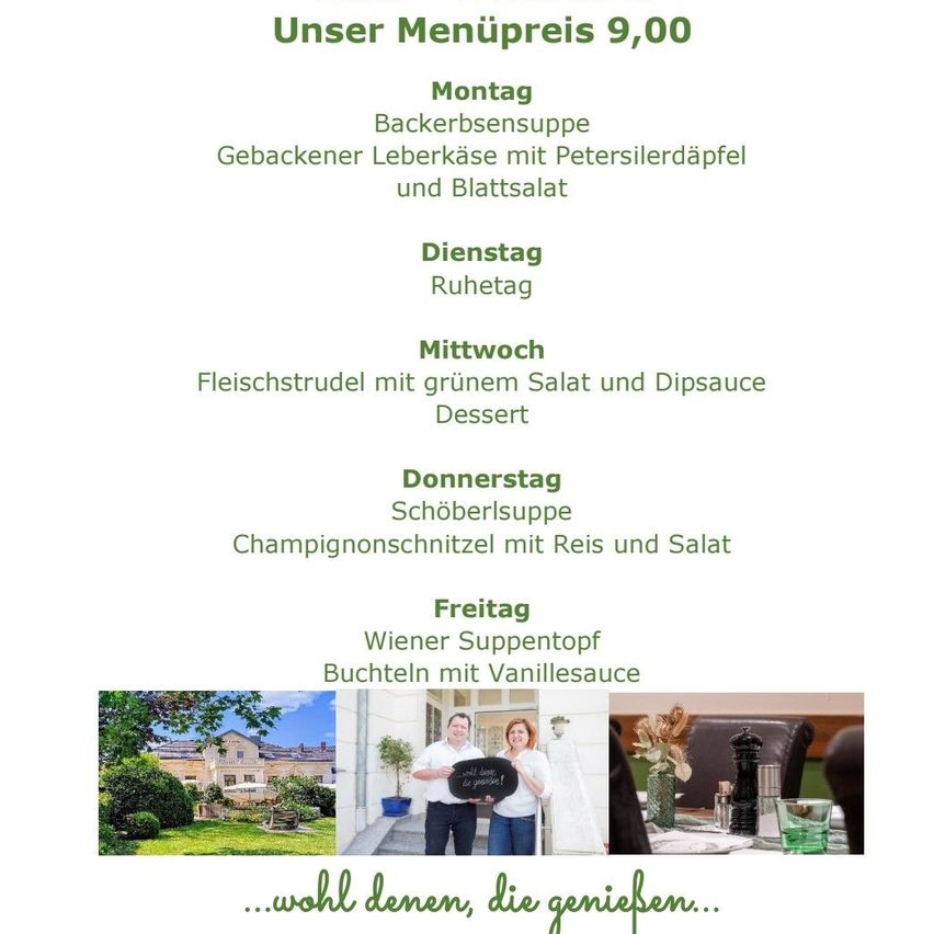 Wöchenliches Menü für ein Restaurant mit Gerichten für jeden Tag von Montag bis Freitag. Das Menü umfasst Backerbsensuppe, gegrillte Leber mit Petersilien und Salat, Fleischstrudel mit grünem Salat und Dipsauce und mehr.