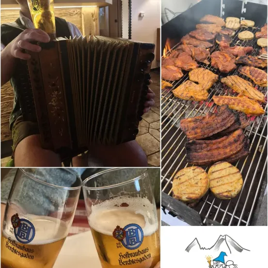 Drei Bilder zeigen eine Person, die ein Akkordeon spielt, einen Grill mit Fleisch und zwei Gläser Bier mit der Marke Hofbrauhaus.