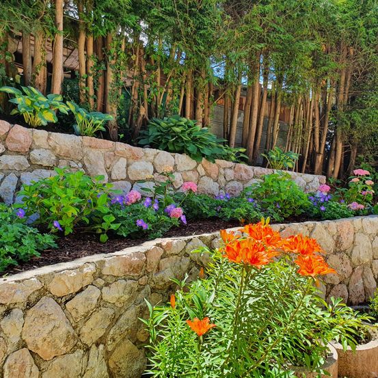 Ein Terrassengarten mit Steinmauern, geschmückt mit bunten Blumen und üppiger Grünfläche. Bambusbäume und andere Pflanzen sind im Hintergrund.