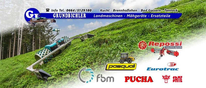 Werbung für Grundbichler mit Landmaschinen auf einem Hügel, inklusive Kontaktinformationen und Logos verschiedener landwirtschaftlicher Marken.