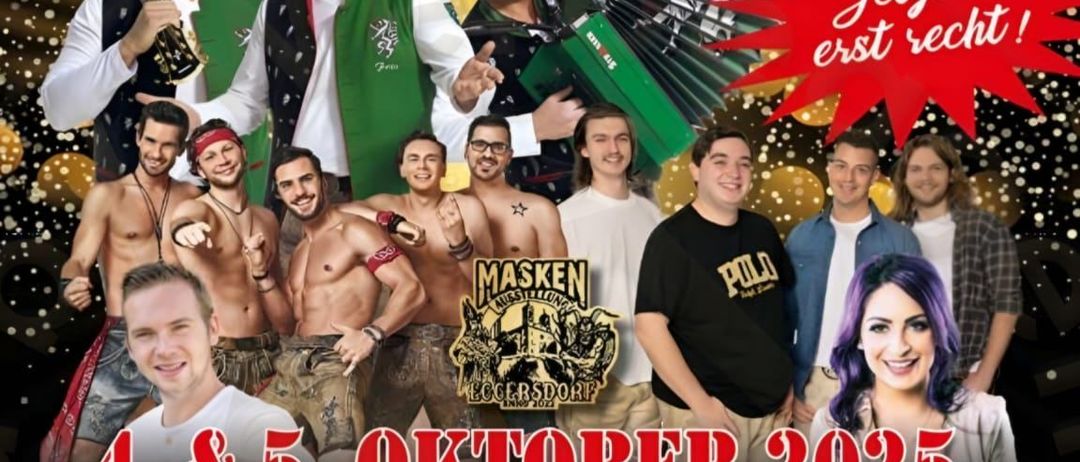 Plakat für die Jubiläumsfeier und Partynacht mit einer Gruppe von Männern, einer Frau und Musikinstrumenten. Die Veranstaltung ist für den 4. und 5. Oktober 2025 geplant.