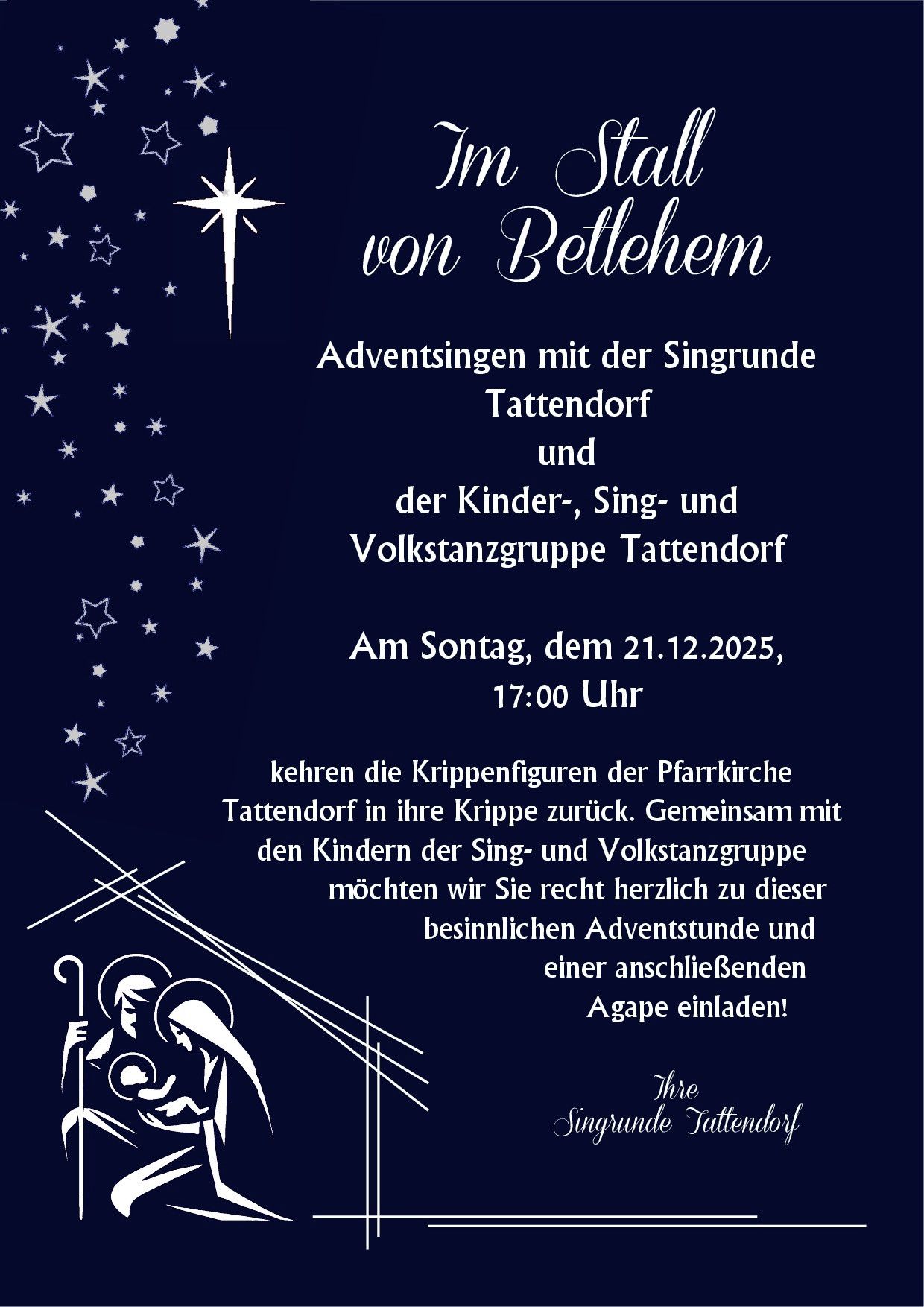 Ein blaues Plakat mit einem Stern und Text über Adventsingen mit dem Tattendorfer Chor und Kinderchor am Sonntag, 21.12.2025, um 17:00 Uhr. Es lädt zu einer festlichen Adventsstunde ein.