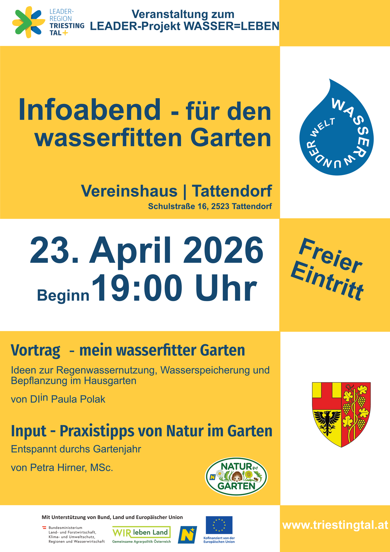 Plakat für eine Veranstaltung am 23. April 2026. Thema: wassersparender Garten. Redner: DiJn Paula Polak, Petra Hirner. Ort: Tattendorf. Zeit: 19:00 Uhr.