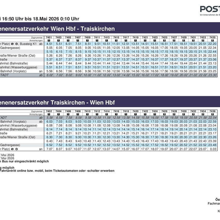 Eine Tabelle mit den Fahrplänen der Wiener Bahnhöfe vom 16. Mai 2026, 16:50 Uhr, bis 18. Mai 2026, 01:10 Uhr. Sie enthält Zeiten für verschiedene Bahnhöfe und Routen.