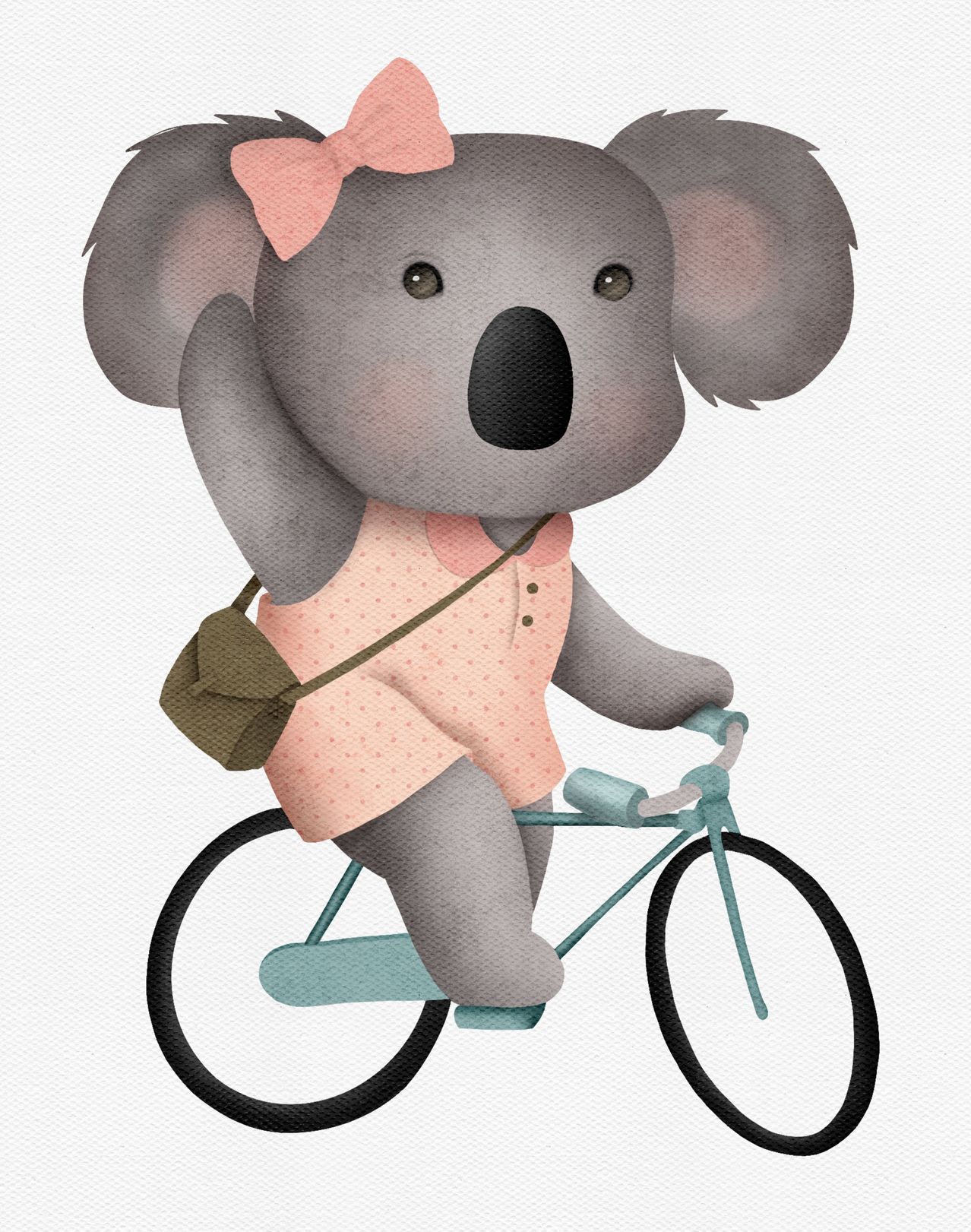 Eine Illustration einer Koala, die auf einem Fahrrad mit einem rosa Haarreif reitet, ein rosa Shirt und eine braune Tasche trägt.