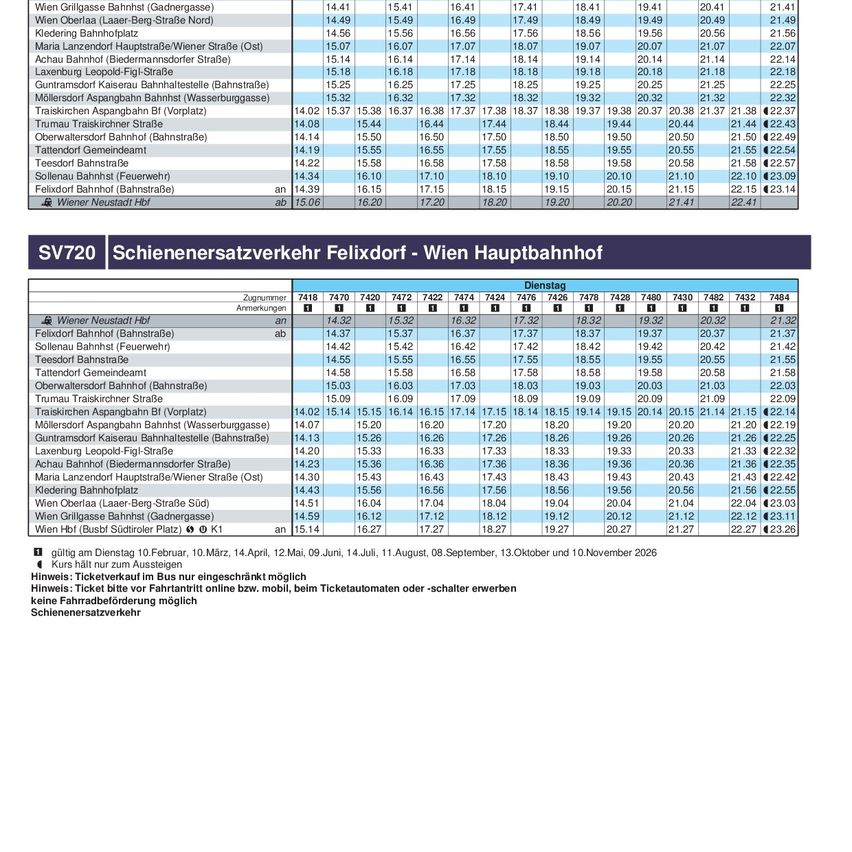 Fahrplan für den Zugverkehr Felixdorf - Wien Hauptbahnhof. Gültig an bestimmten Tagen, ausgenommen Sonntag und Feiertage. Ticketkauf ist erforderlich online oder an Fahrkartenautomaten. Rabatte für Gruppenreisen verfügbar.