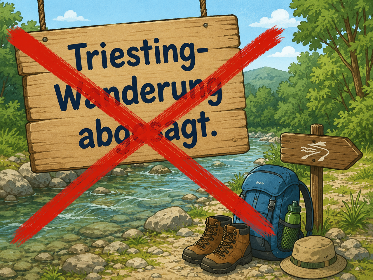 Eine Illustration eines Holzschilds mit dem Text 'Triesting-Wanderung abgesagt' durchgestrichen in Rot, mit einem Fluss, Felsen und Wanderausrüstung im Hintergrund.
