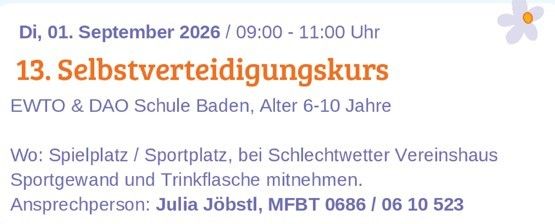 Plakat für einen Selbstverteidigungskurs für Kinder im Alter von 6-10 Jahren, geplant für den 1. September 2026, von 09:00 bis 11:00 Uhr, auf dem Sportplatz oder Spielplatz, Kontakt zu Julia Jobstl für weitere Informationen.