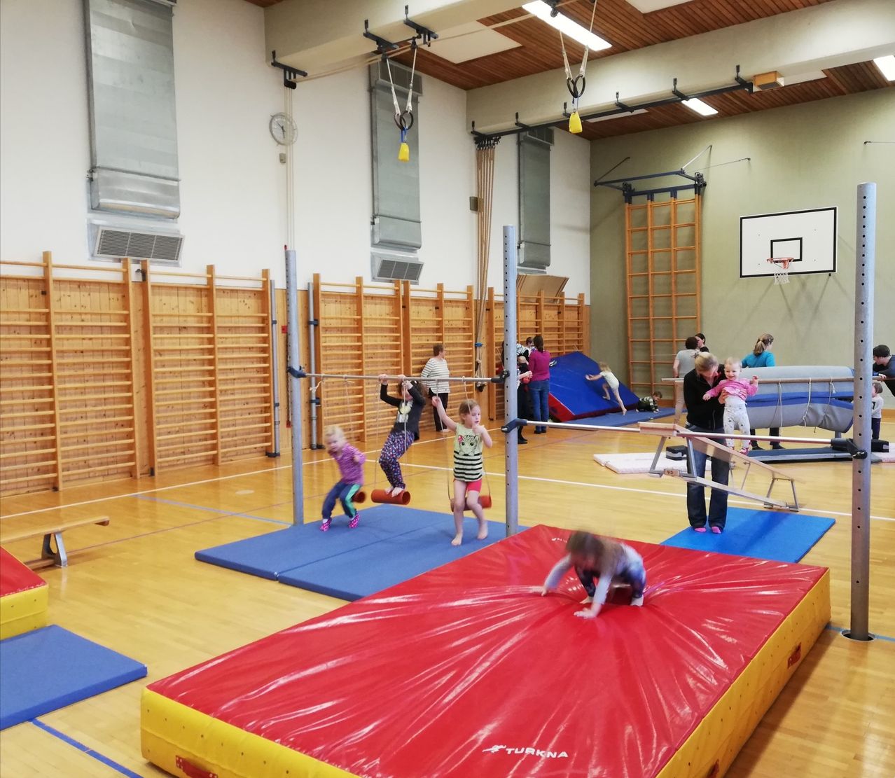 Mehrere Kinder üben Gymnastik in einer Turnhalle mit Holzböden, bunten Matten und verschiedenen Geräten. Erwachsene beaufsichtigen die Kinder, während sie Übungen an Barren und Matten durchführen.