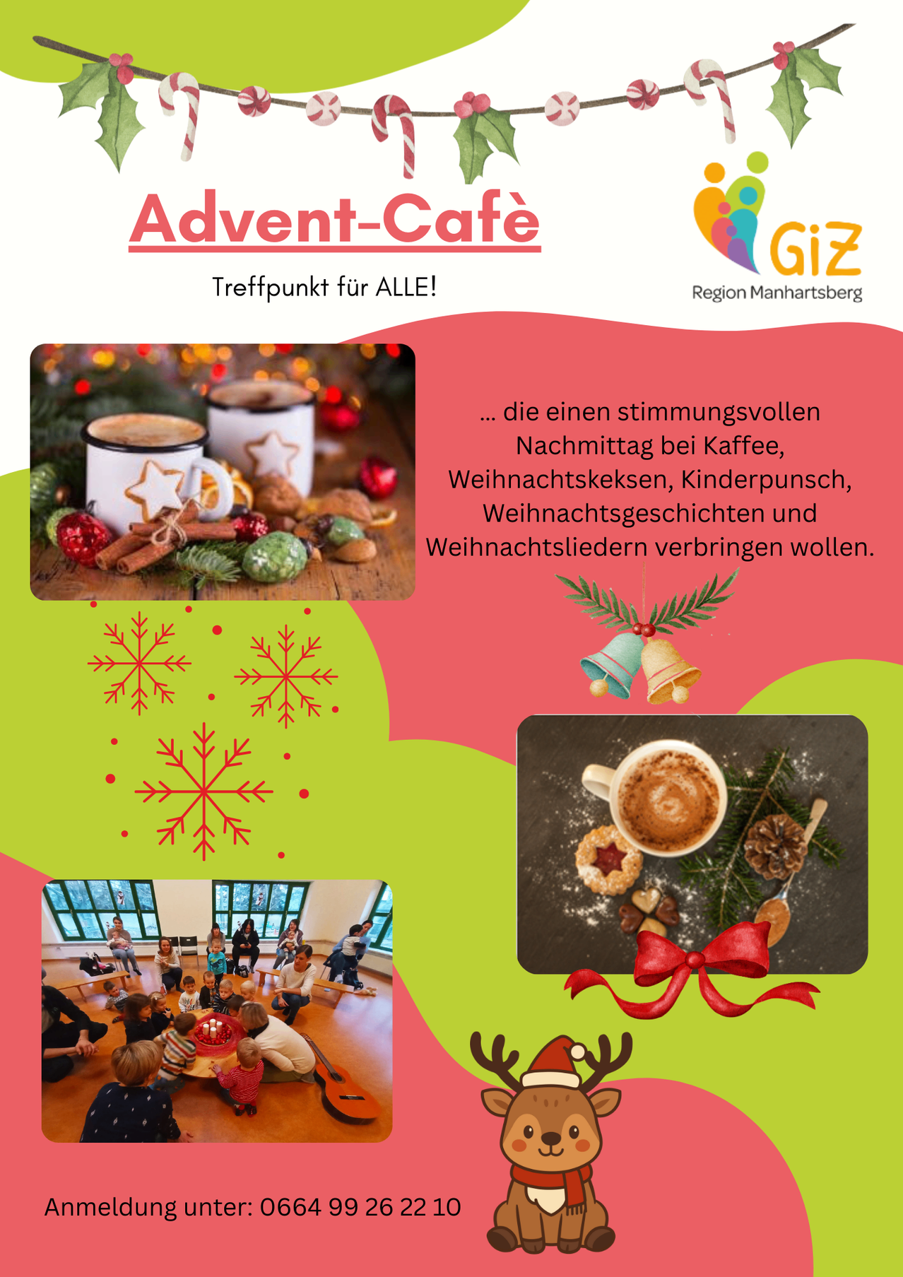 Werbung fur Advent-Cafe mit Kaffeetassen, Weihnachtsdekoration und einer Familienzusammenkunft mit Kindern und Erwachsenen, die eine festliche Atmosphare genie?en.