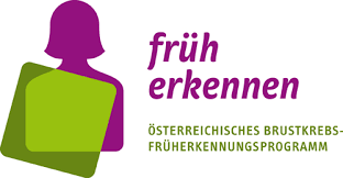 Logo für das Österreichische Brustkrebs-Früherkennungsprogramm mit einer violetten Silhouette einer Frau, die ein grünes Dokument hält. Der Text 'Früh Erkennen' steht darüber, der Programmname darunter.